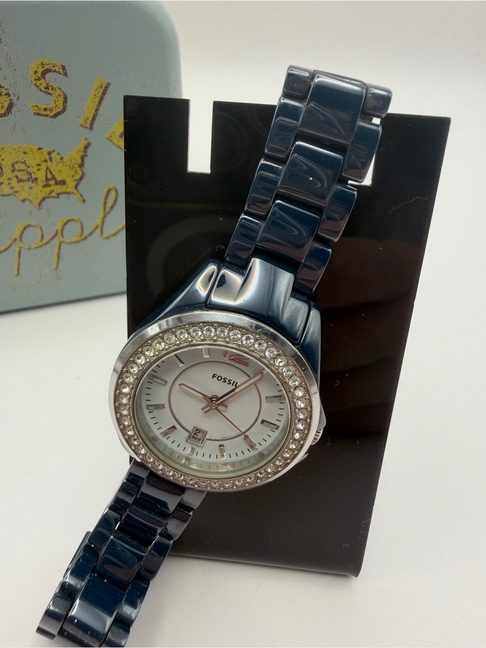 Fossil Navy Ceramic Link Watch with Crystal Bezel